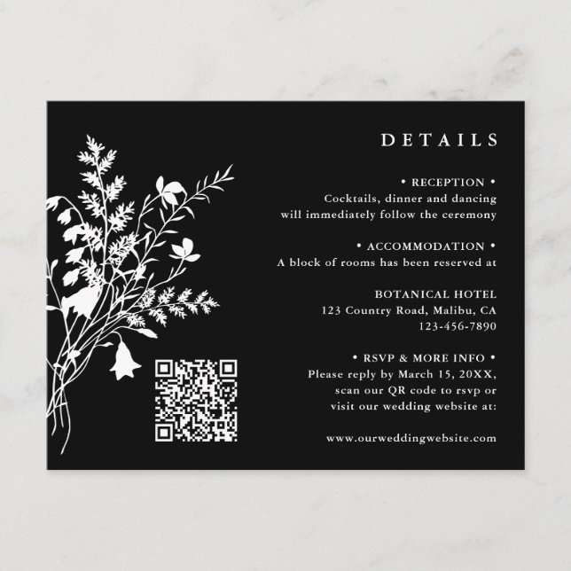 Vit bukett av vilda blommor Svarta bröllopsdetalje Tilläggskort (Framsida)