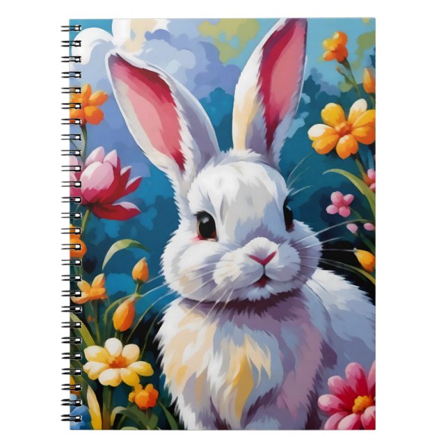 Vit Bunny, berömd av Vibrant Flowers Anteckningsbok (Framsidan)