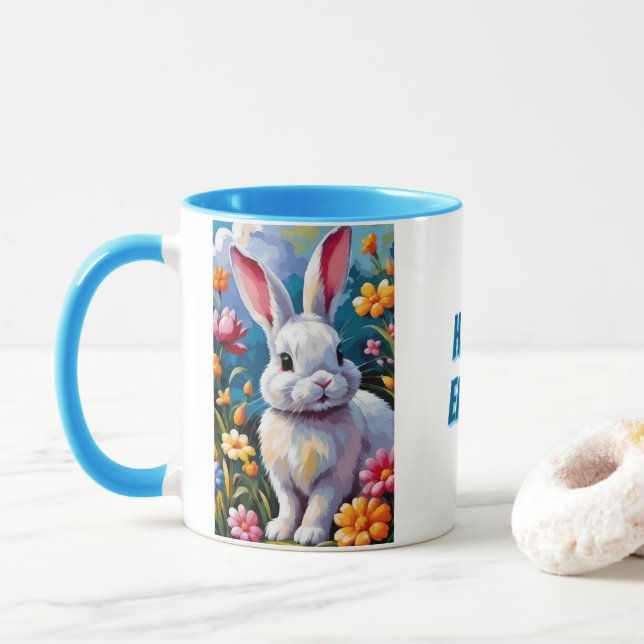 Vit Bunny, berömd av Vibrant Flowers Mugg (Med munk)