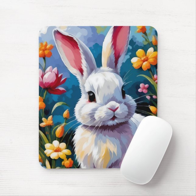 Vit Bunny, berömd av Vibrant Flowers Musmatta (Med mus)