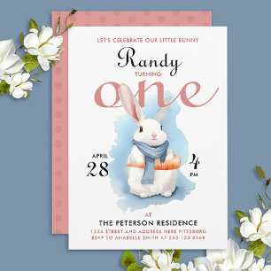 Vit Bunny Första Födelsedagsfesten Vattenfärg Inbjudningar