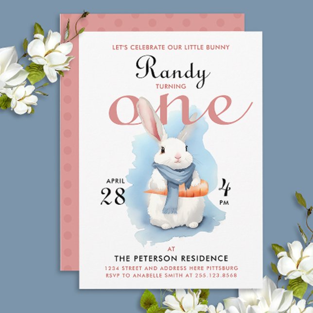 Vit Bunny Första Födelsedagsfesten Vattenfärg Inbjudningar (Skapare uppladdad)