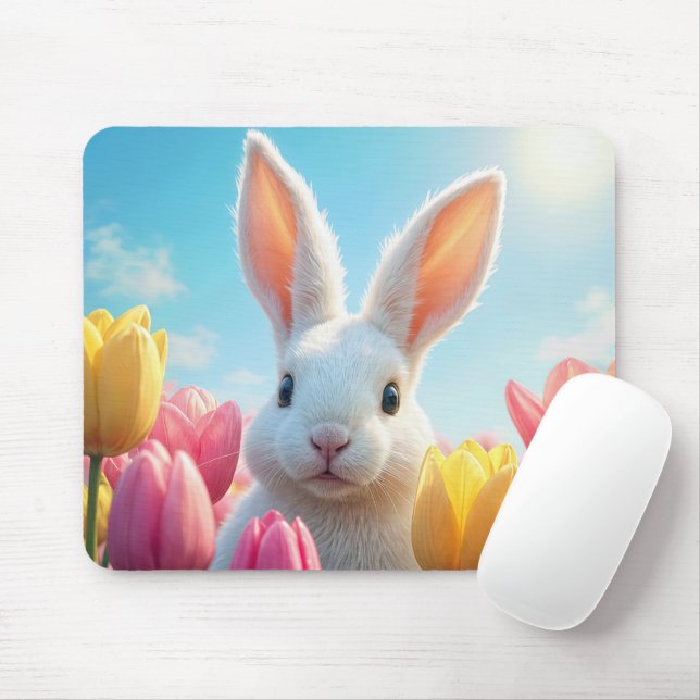 Vit bunny i en tulip Garden Musmatta (Med mus)
