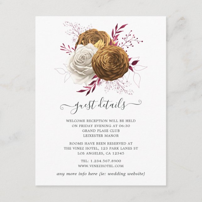 Vit, burgunder och guld blomsterbröllop tilläggskort (Framsida)