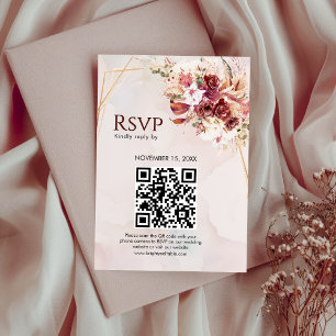 Vit & Burgunder Röd Blommig Guld QR Bröllops-Svars OSA Kort