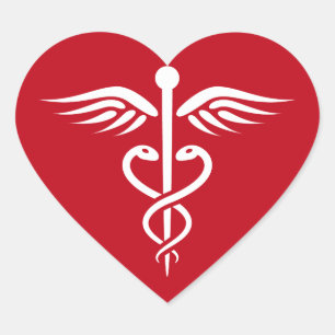 Vit caduceus logotyp på den röda doktor sjuksköter hjärtformat klistermärke