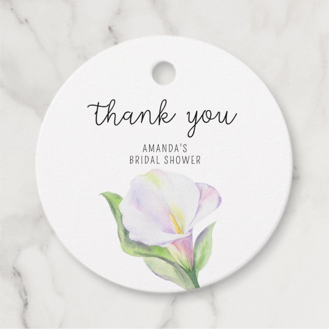 Vit calla - bröllopsfest tack gåvor etiketter (Framsida)