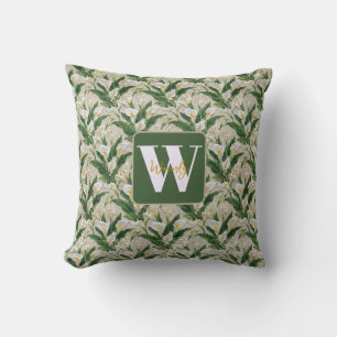 Vit Calla Lily Broderad Blommig Monogram Kudde