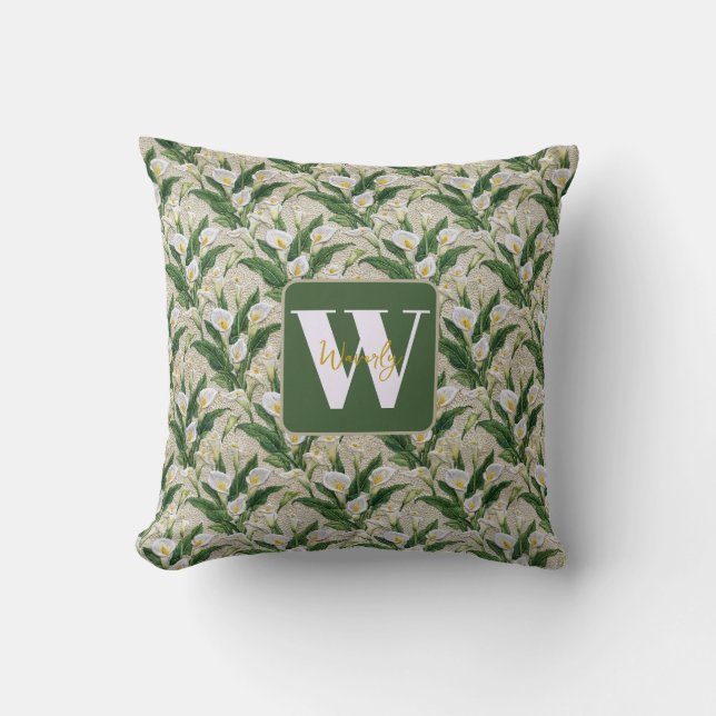 Vit Calla Lily Broderad Blommig Monogram Kudde (Framsida)