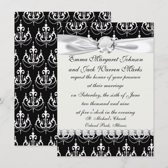 vit chadelier på svart modern dammdesign inbjudningar (Fram/baksida)