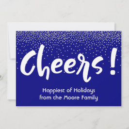 Vit Cheers-typografi med marinblå och silverkonfet Julkort