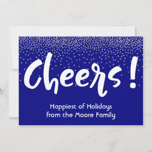Vit Cheers-typografi med marinblå och silverkonfet Julkort
