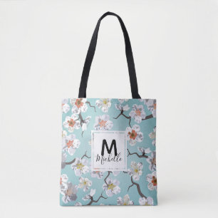 Vit Cherry Blommar Colorful Monogram Tygkasse