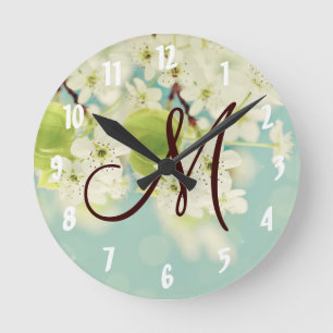 Vit Cherry Blommar Flower Blommigt Träd Wall Clock Rund Klocka