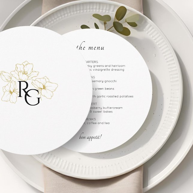 Vit | Chic Blommigt Monogram Bröllop Flat Menu Meny (Skapare uppladdad)