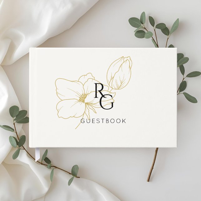 Vit | Chic Blommigt Monogram Bröllop Gästböcker (Skapare uppladdad)