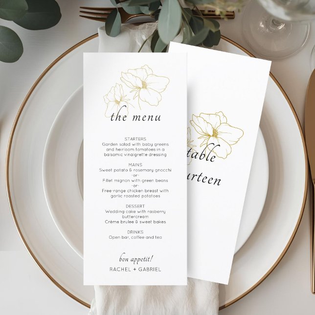 Vit | Chic Faux Guld Blommigt Bröllop Meny (Skapare uppladdad)
