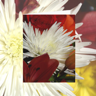 Vit Chrysanthemum bland Röda och Orange Blommor Anteckningskort