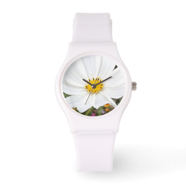 Vit Cosmos Blomsterträdgård Damklocka Armbandsur (Framsida)