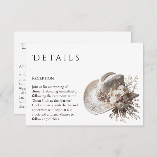 Vit cowgirlhatt med blommor Bröllopsdetaljer Tilläggskort (Fram/baksida)