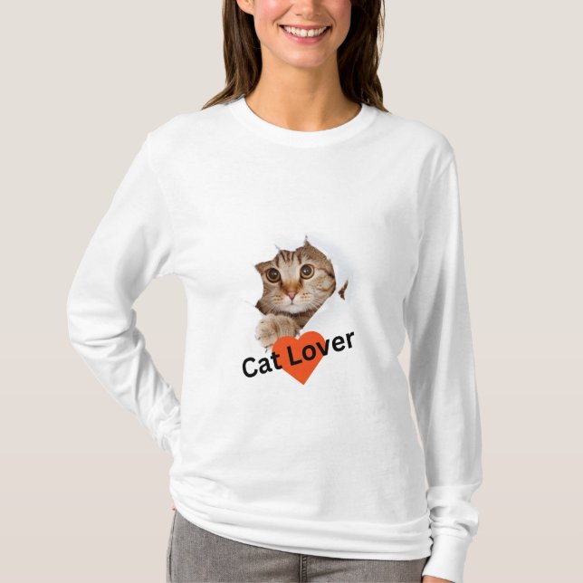 Vit Cute Fullt Sleeve Cat Lover Woman T shirt (Framsida)