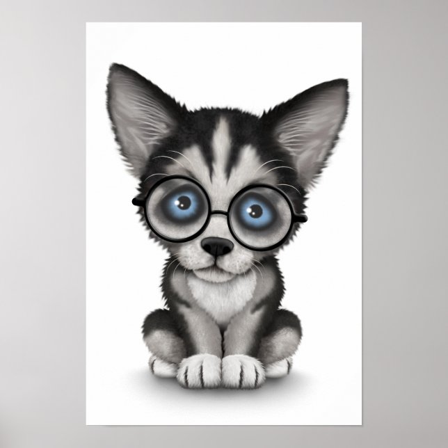Vit (Cute Siberian husky Puppy Wearing Glass White Poster (Framsidan)