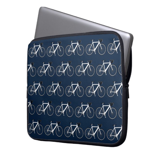 Vit cykel på marinblå laptop fodral (Framsidan Vänster)