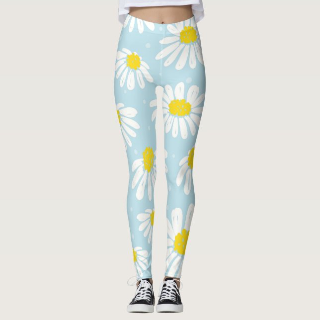 Vit Daisy Blått bakgrund, sömlös Leggings (Framsida)