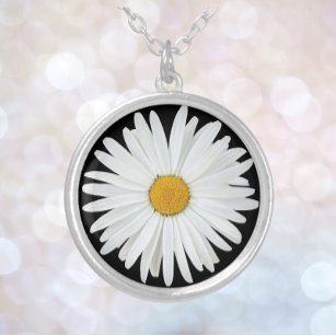 Vit Daisy blomma på svart Blommigt Silverpläterat Halsband