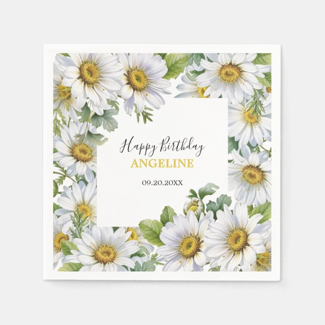 Vit Daisy Blommigt Greenery Birthday Pappersservett (Framsidan)