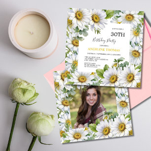 Vit Daisy Blommigt Greenery Photo Birthday Inbjudningar