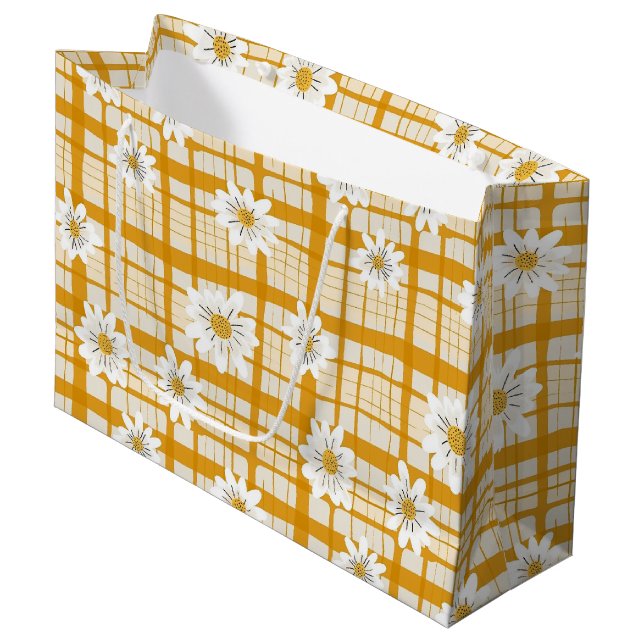 Vit Daisy Blommönster på Gult Gingham (Framsidan Vinklad)