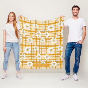 Vit Daisy Blommönster på Gult Gingham Fleecefilt