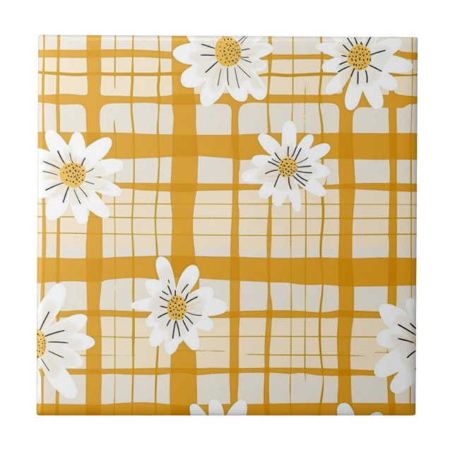 Vit Daisy Blommönster på Gult Gingham Kakelplatta (Framsidan)