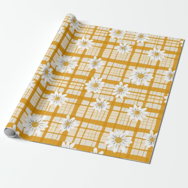 Vit Daisy Blommönster på Gult Gingham Presentpapper (Utrullad)
