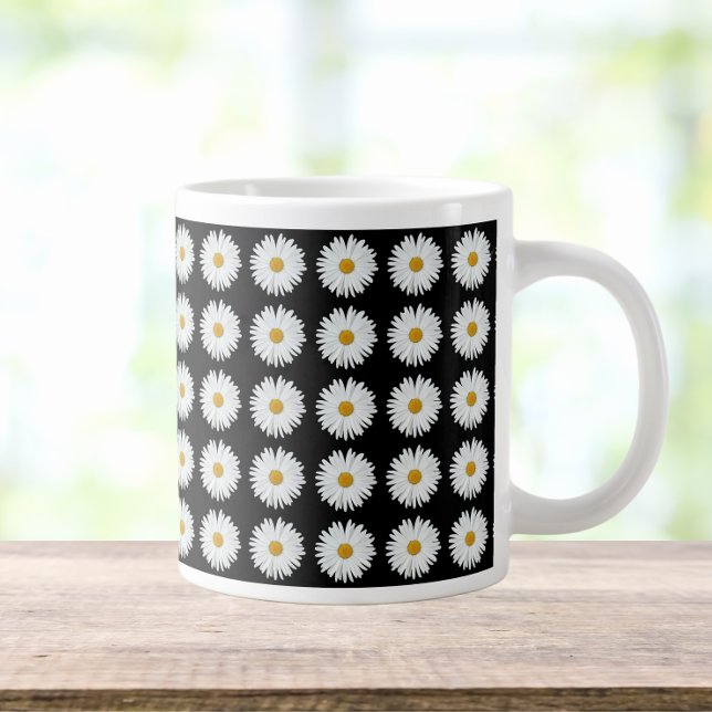 Vit Daisy Blommönster på svart Jumbo Mugg (In Situ)