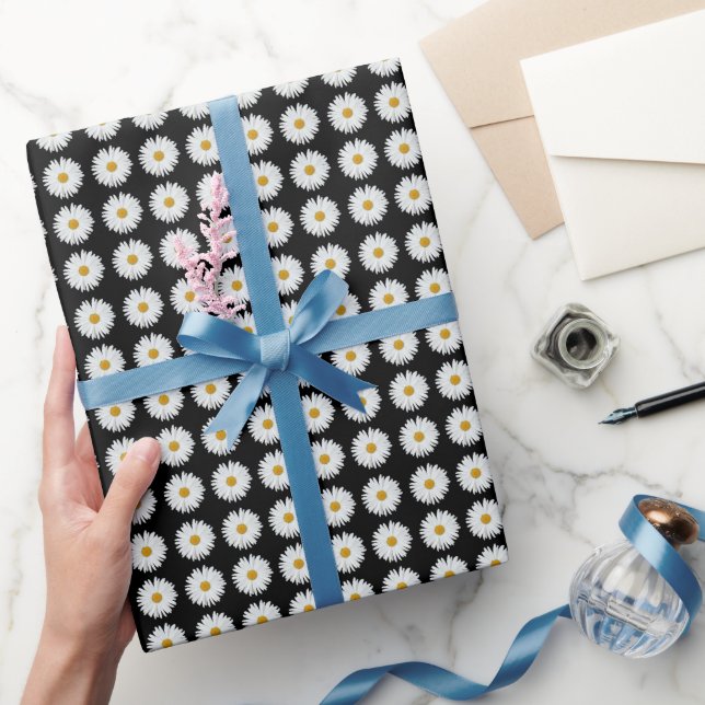 Vit Daisy Blommönster på svart Presentpapper (Gifting)