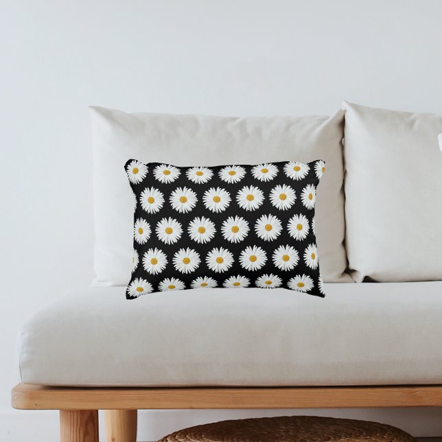 Vit Daisy Blommönster på svart Prydnadskudde (In Situ Sofa)