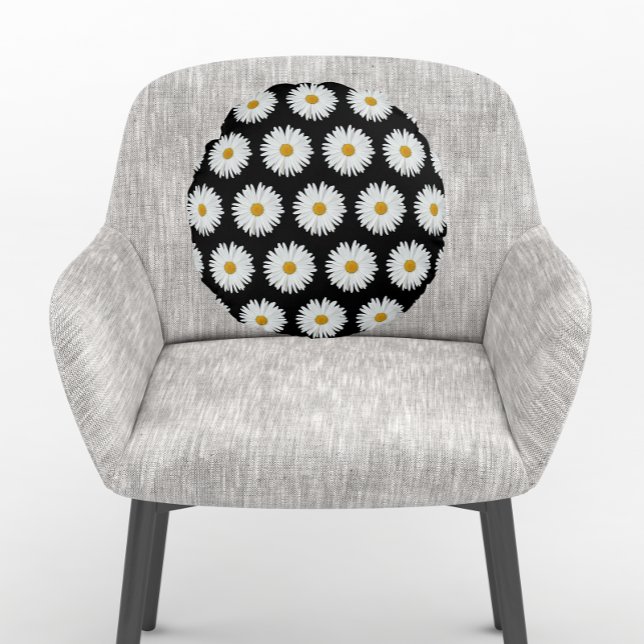Vit Daisy Blommönster på svart Rund Kudde (In Situ Round)