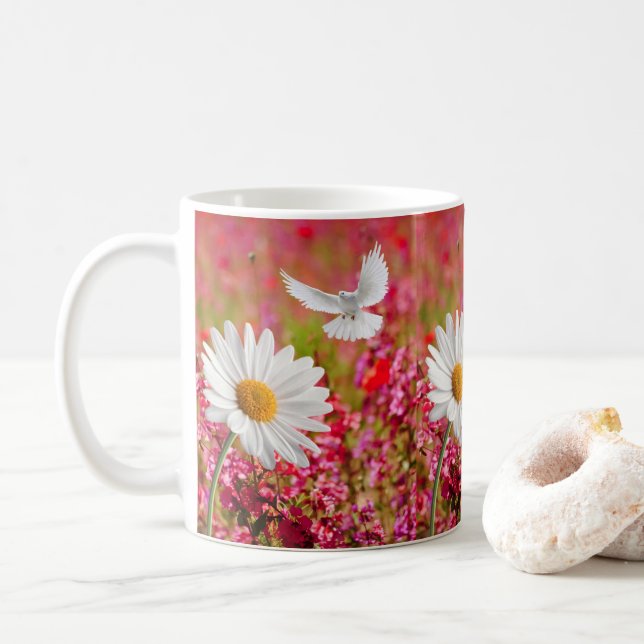 Vit Daisy Dove Rosa Blommigt Mugg (Med munk)
