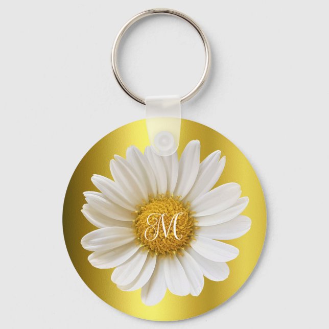 Vit Daisy Faux Guld Blommigt Monogram Nyckelring (Framsida)