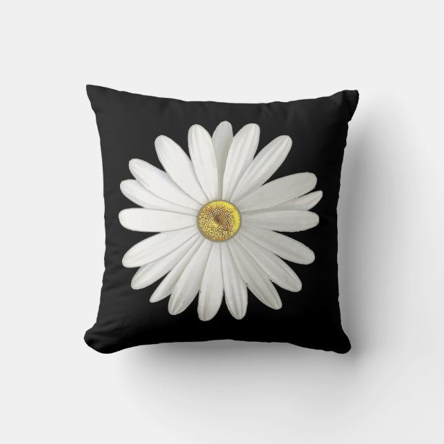 Vit Daisy Flower på Black Dekorativ kudde (Framsida)