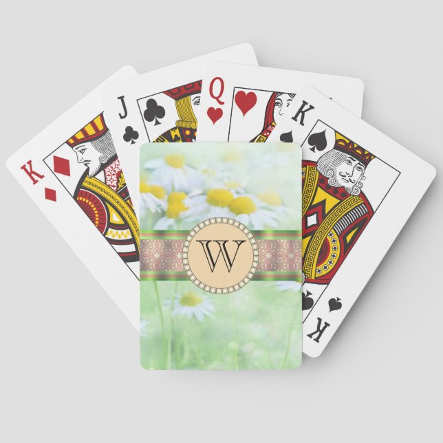 Vit Daisy i Grönt Meadow Monogram Casinokort (Baksidan)