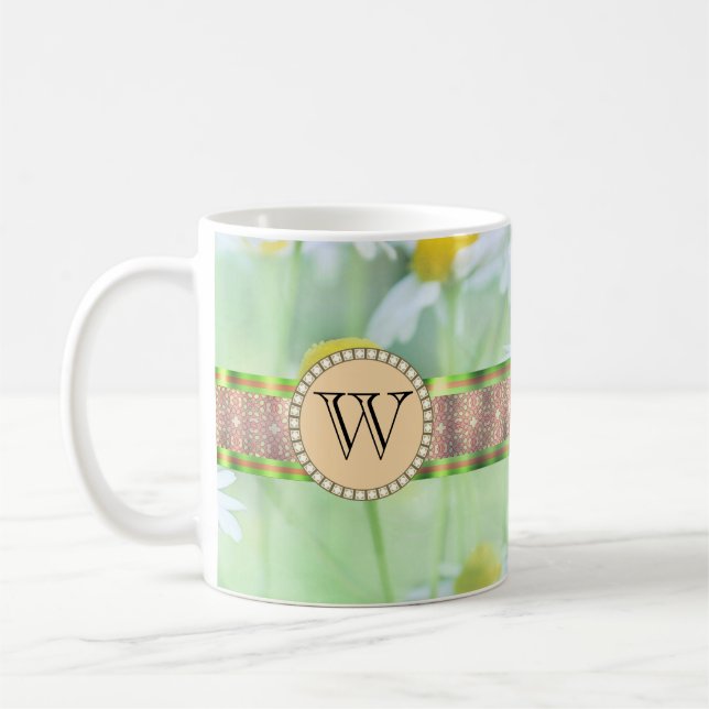 Vit Daisy i Grönt Meadow Monogram Kaffemugg (Vänster)