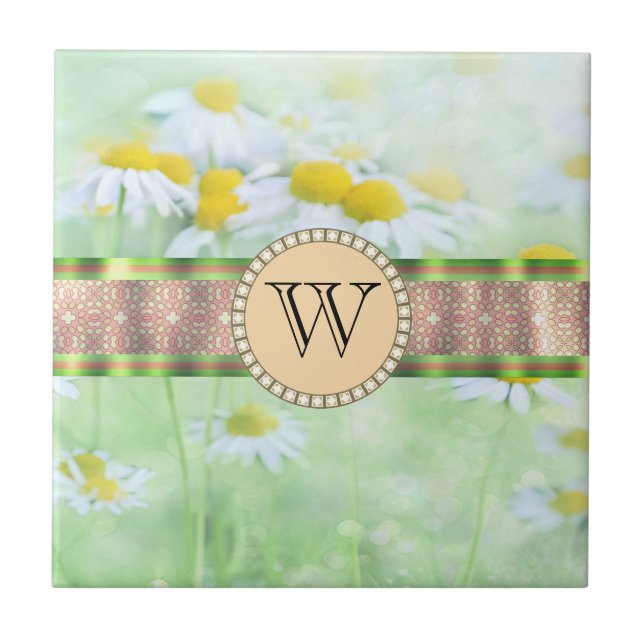 Vit Daisy i Grönt Meadow Monogram Kakelplatta (Framsidan)