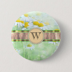Vit Daisy i Grönt Meadow Monogram Knapp