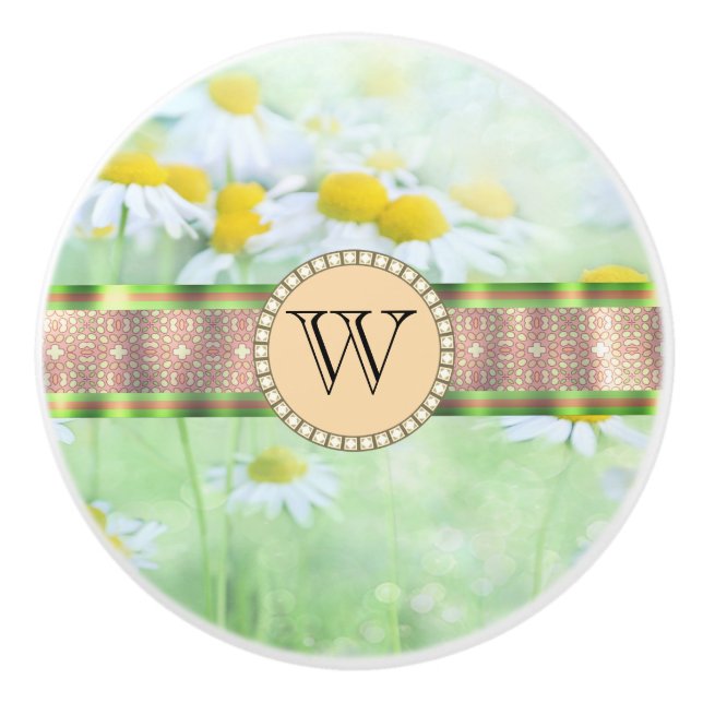 Vit Daisy i Grönt Meadow Monogram Knopp (Framsidan)