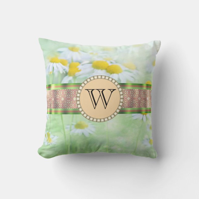 Vit Daisy i Grönt Meadow Monogram Kudde (Framsida)