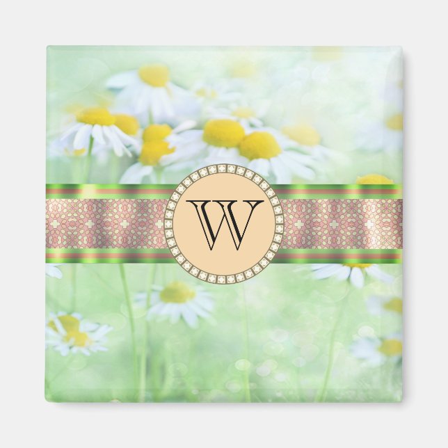 Vit Daisy i Grönt Meadow Monogram Magnet (Framsidan)