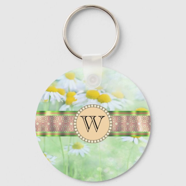 Vit Daisy i Grönt Meadow Monogram Nyckelring (Framsida)